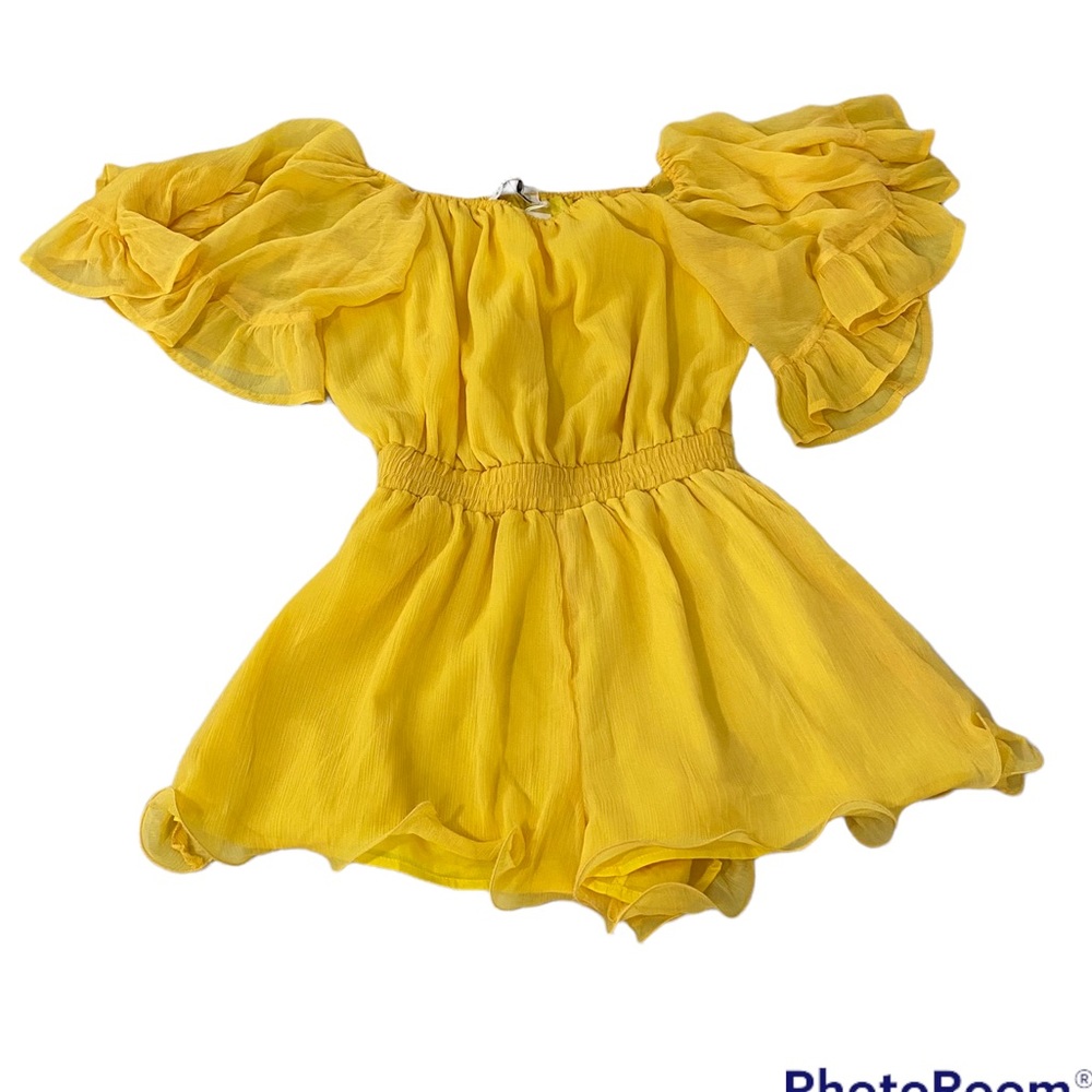 ENDLESS ROSE Yellow Off Shoulder Ruffle Shorts Romper - Picture 3 of 16